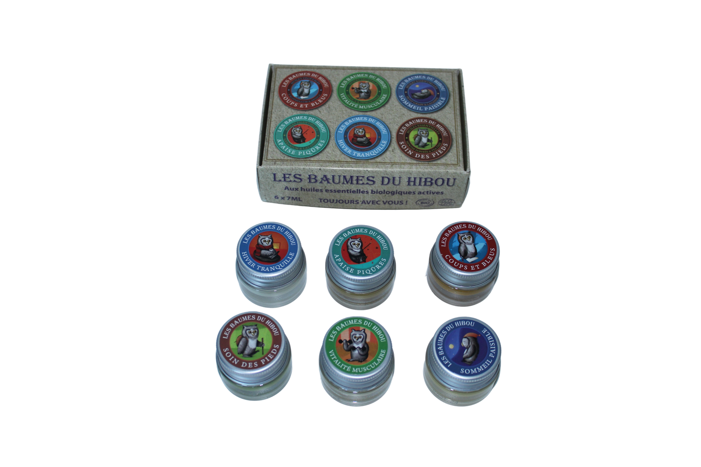 LES BAUMES DU HIBOU, Reise-Set. 6 x BIO-BALSAM á 7 ml, jeweils im Glastigel