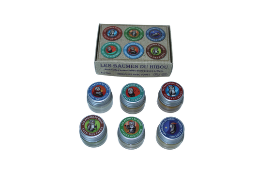 LES BAUMES DU HIBOU, Reise-Set. 6 x BIO-BALSAM á 7 ml, jeweils im Glastigel